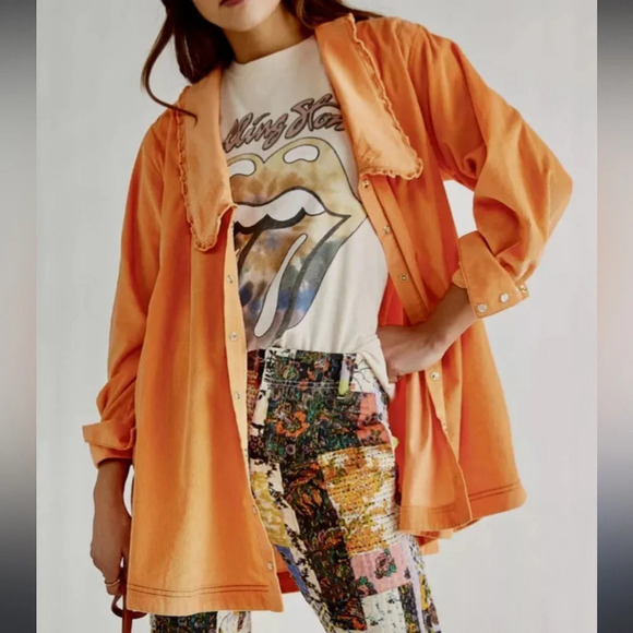 Free People Charlie Cord Buttdown Top Corduroy shirt Oversized Orange small - Picture 1 of 10